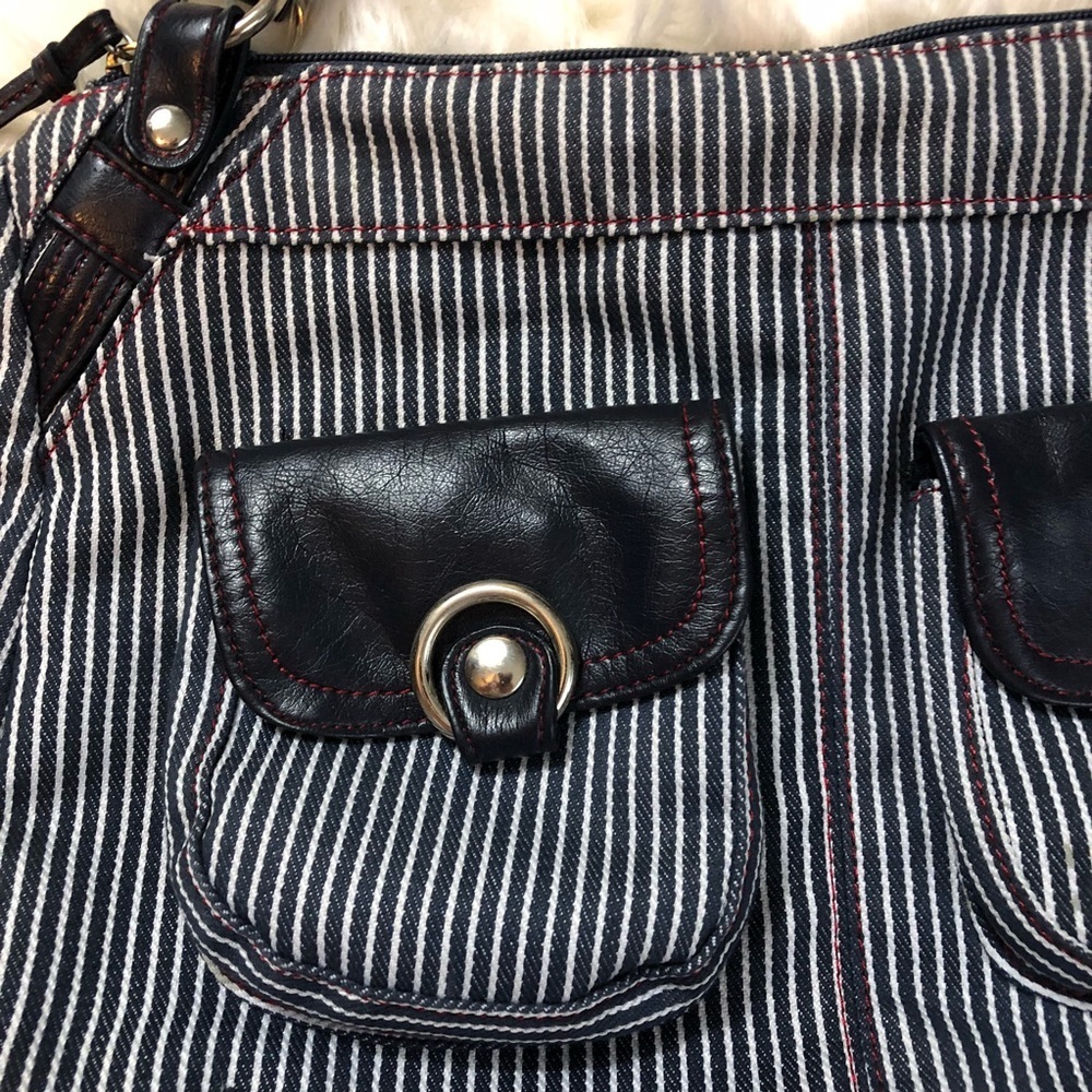 Blue and White Striped Canvas Shoulder Bag - Picture 2 of 5